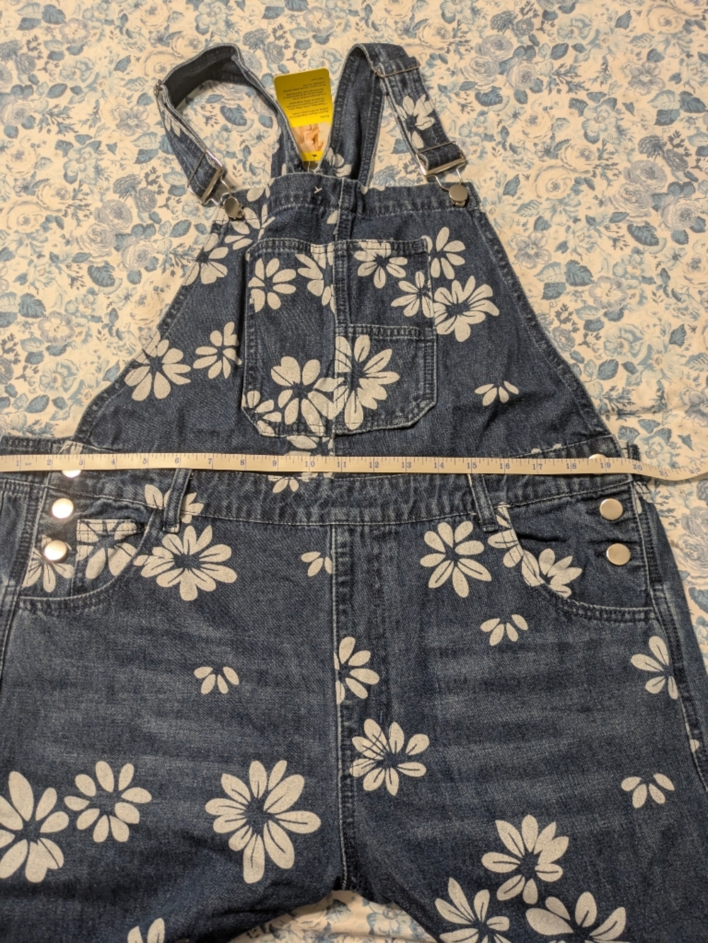 Women's Blue Floral Denim Bib Overalls - Barrel Leg - Picture 8 of 8
